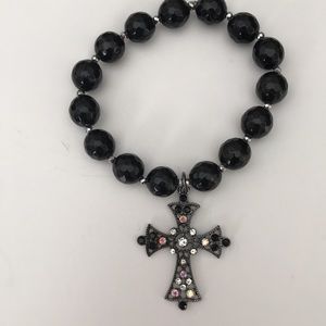 Hand Crafted Faceted Black Onyx Bracelet Featuring a Black Jeweled Cross